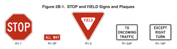 Red eight-sided sign with a white border and lettering.