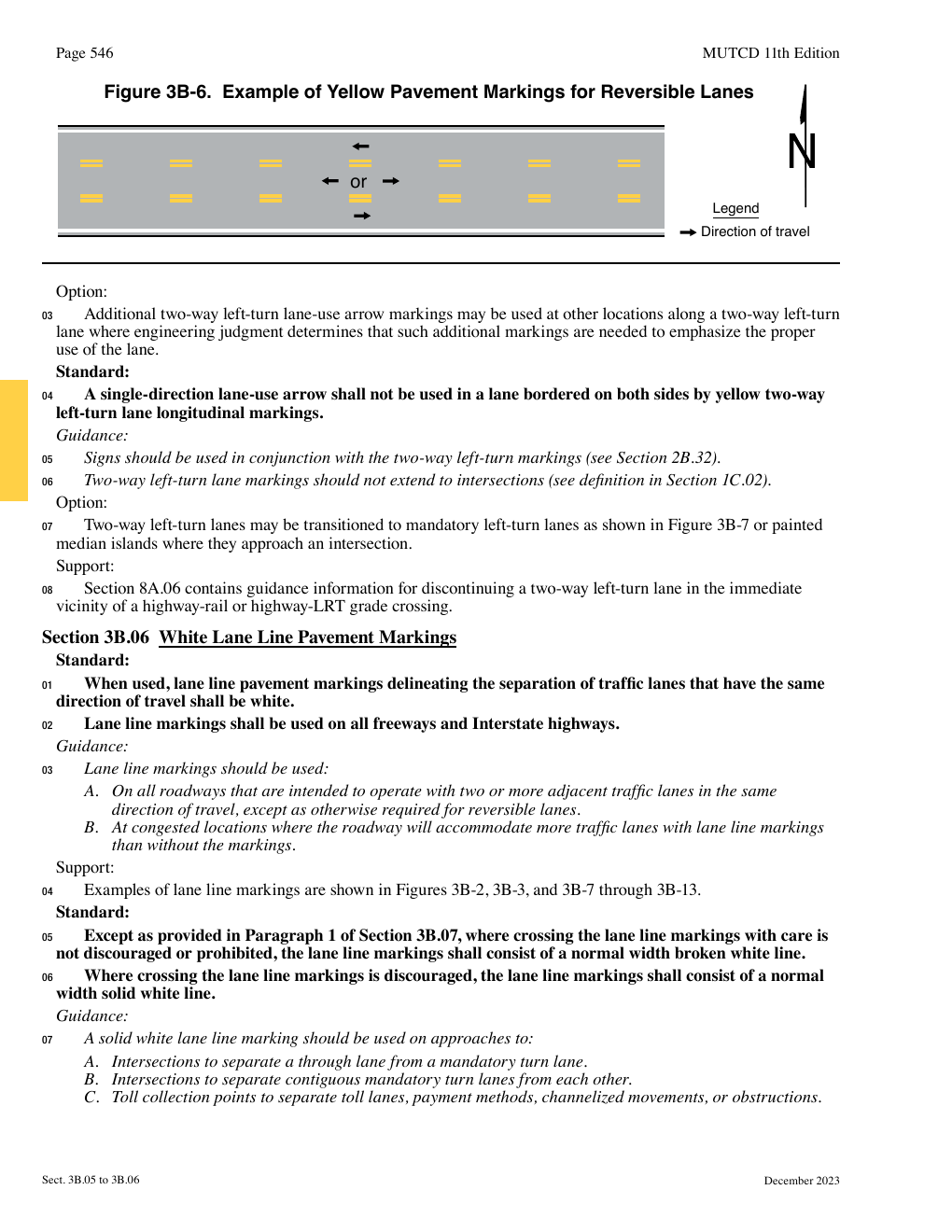 Three-lane road diagram with paired broken yellow borders and alternative direction arrows in the center lane.