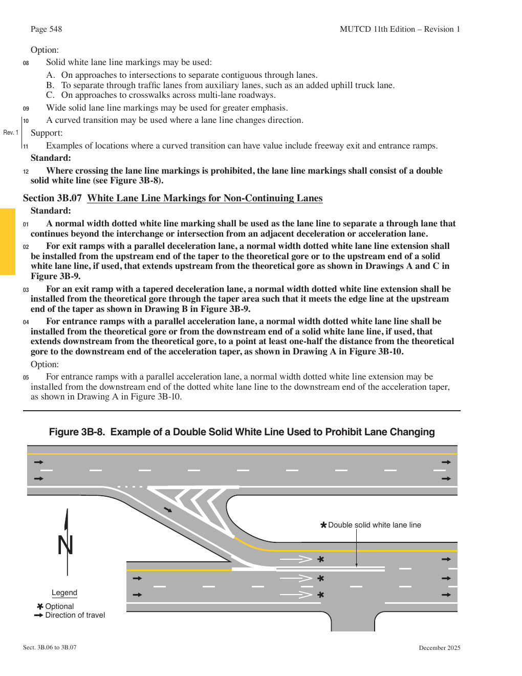 Two solid white lane lines extending together before a broken white lane marking.